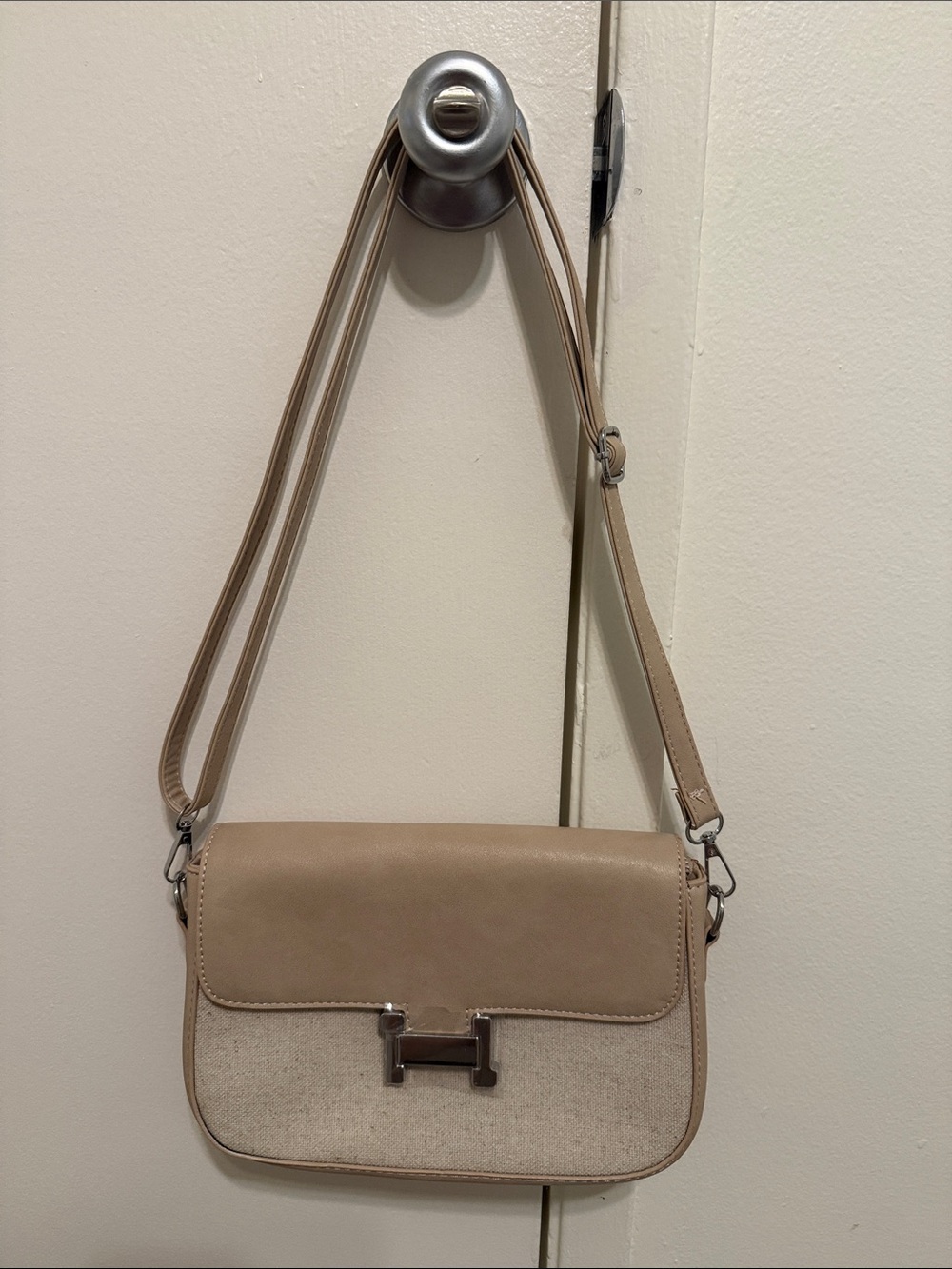 Beige Crossbody Shoulder Bag with Front Turn-Lock
